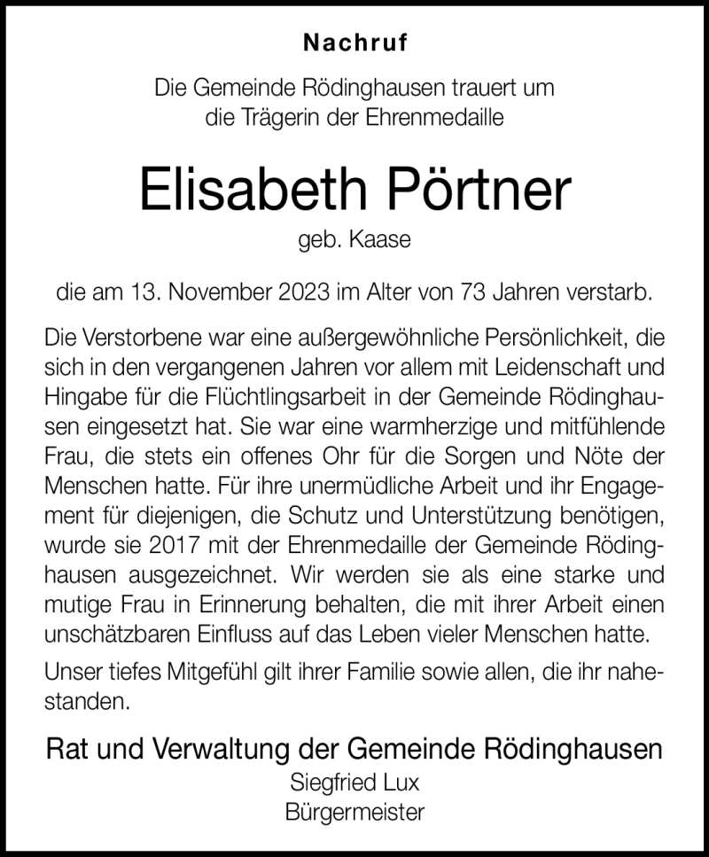  Traueranzeige für Elisabeth Pörtner vom 23.11.2023 aus Westfalen Blatt
