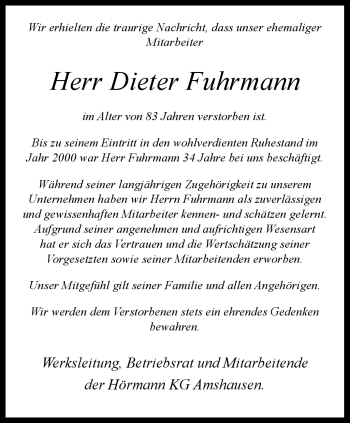 Traueranzeige von Dieter Fuhrmann von Westfalen Blatt