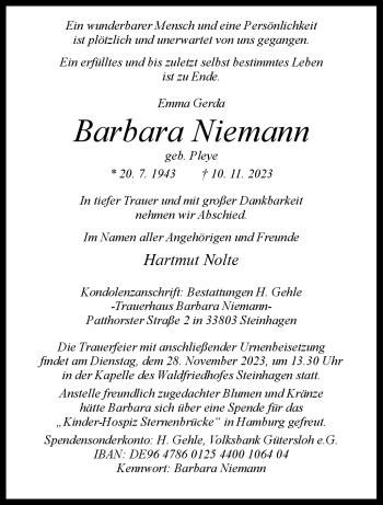 Traueranzeige von Barbara Niemann von Westfalen Blatt