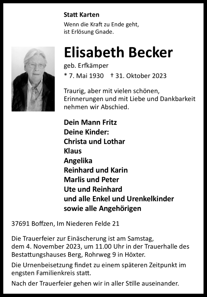  Traueranzeige für Elisabeth Becker vom 03.11.2023 aus Westfalen Blatt