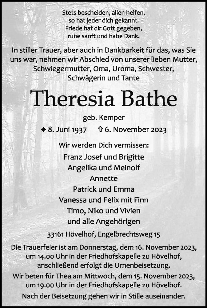  Traueranzeige für Theresia Bathe vom 11.11.2023 aus Westfalen Blatt