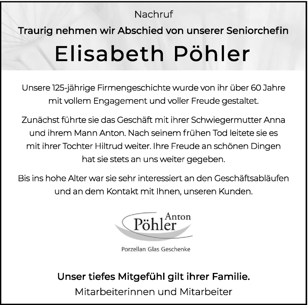  Traueranzeige für Elisabeth Antonie Pöhler vom 30.11.2023 aus 