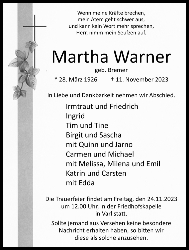  Traueranzeige für Martha Warner vom 21.11.2023 aus Westfalen Blatt