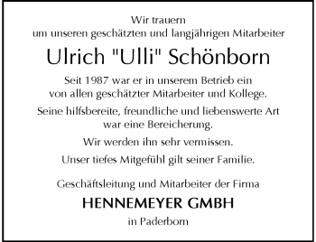 Traueranzeige von Ulrich Schönborn von Westfalen Blatt