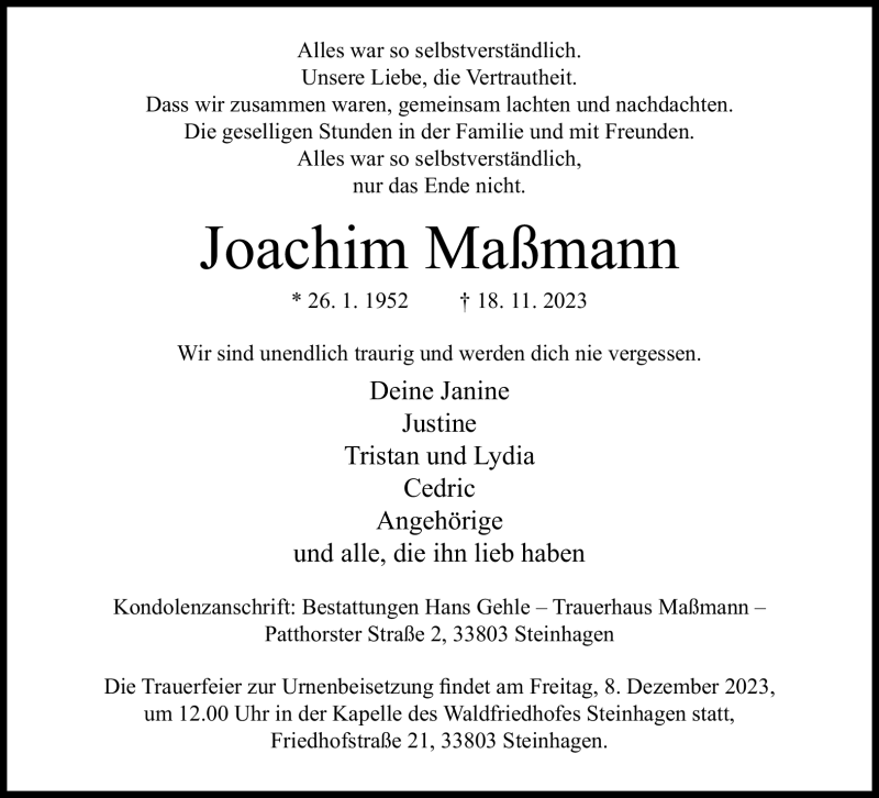  Traueranzeige für Joachim Maßmann vom 25.11.2023 aus Westfalen Blatt