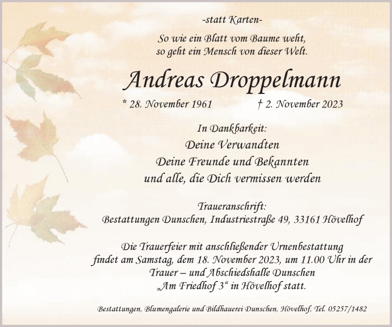  Traueranzeige für Andreas Droppelmann vom 08.11.2023 aus Westfalen Blatt