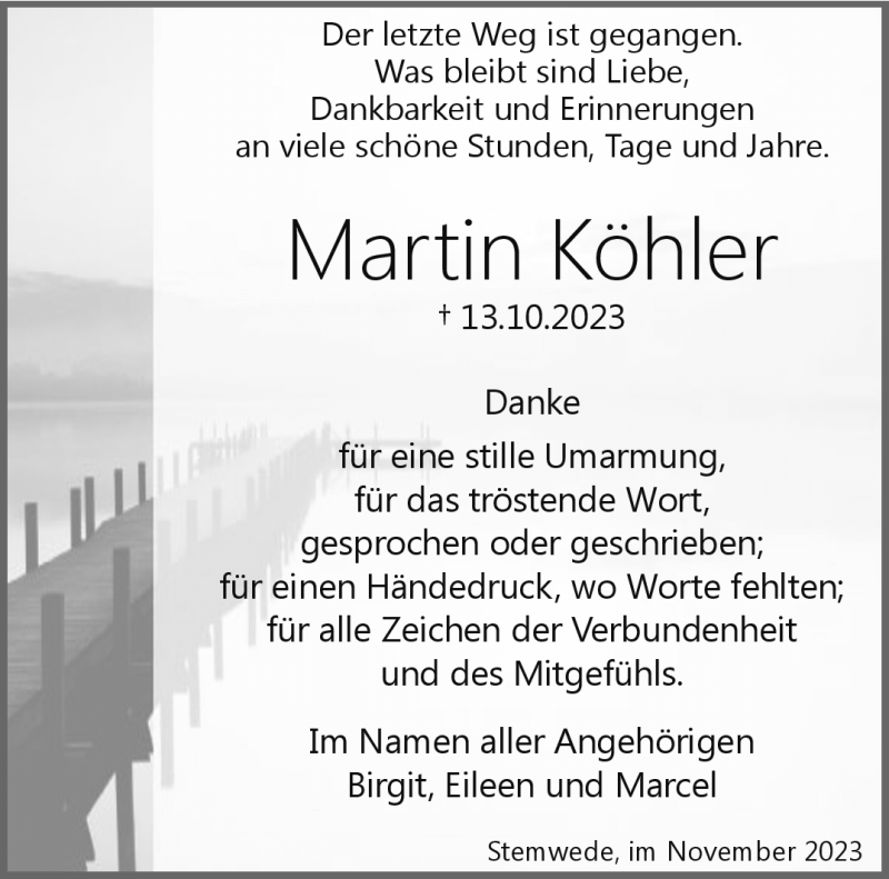  Traueranzeige für Martin Köhler vom 21.11.2023 aus Westfalen Blatt