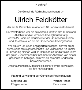 Traueranzeige von Ulrich Feldkötter von Westfalen Blatt