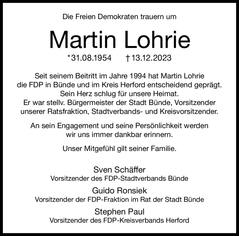  Traueranzeige für Martin Lohrie vom 22.12.2023 aus Westfalen Blatt