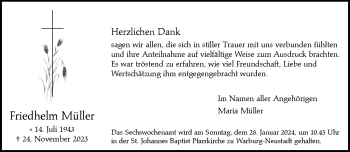 Traueranzeige von Friedhelm Müller von Westfalen Blatt