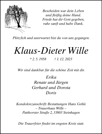 Traueranzeige von Klaus-Dieter Wille von Westfalen Blatt