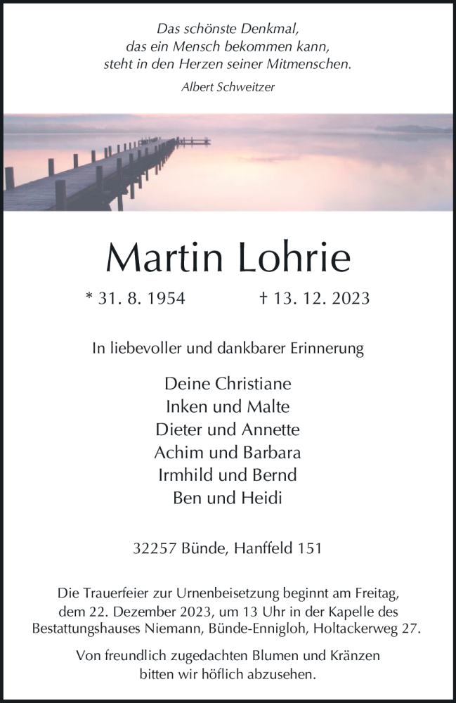  Traueranzeige für Martin Lohrie vom 16.12.2023 aus Westfalen Blatt