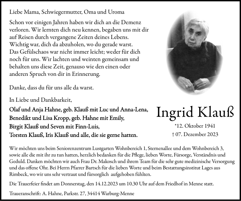  Traueranzeige für Ingrid Klauß vom 12.12.2023 aus Westfalen Blatt