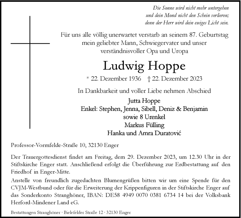  Traueranzeige für Ludwig Hoppe vom 28.12.2023 aus Westfalen Blatt