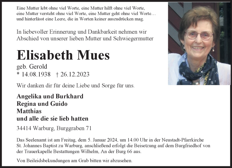  Traueranzeige für Elisabeth Mues vom 30.12.2023 aus Westfalen Blatt