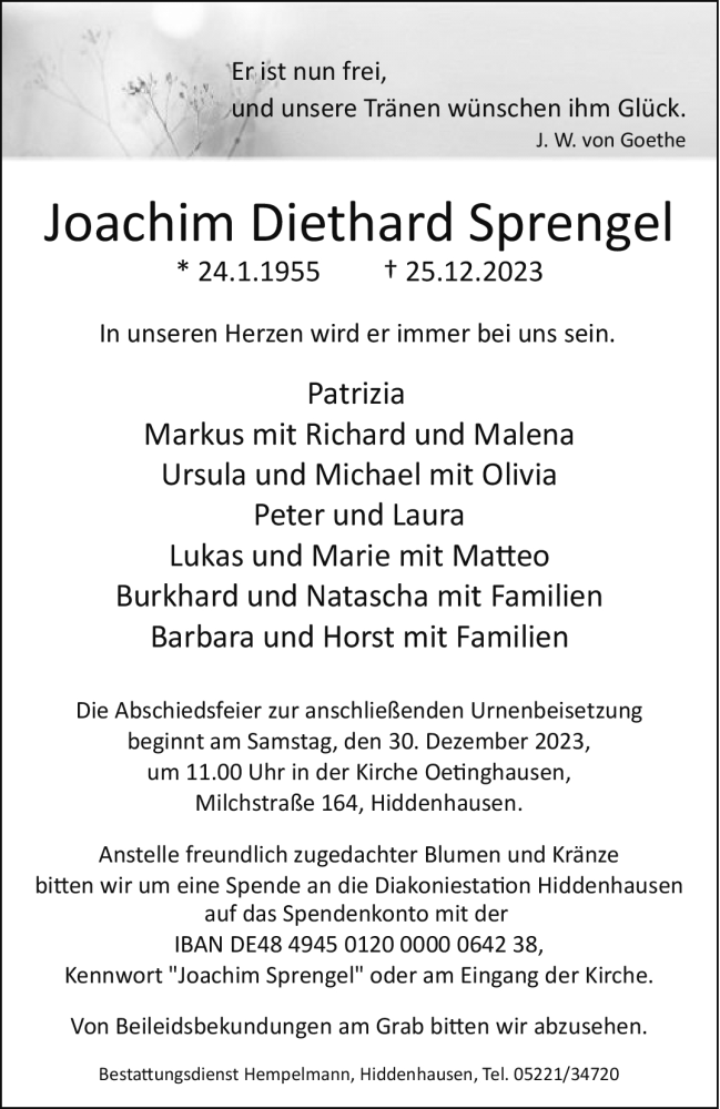  Traueranzeige für Joachim Diethard Sprengel vom 29.12.2023 aus Westfalen Blatt