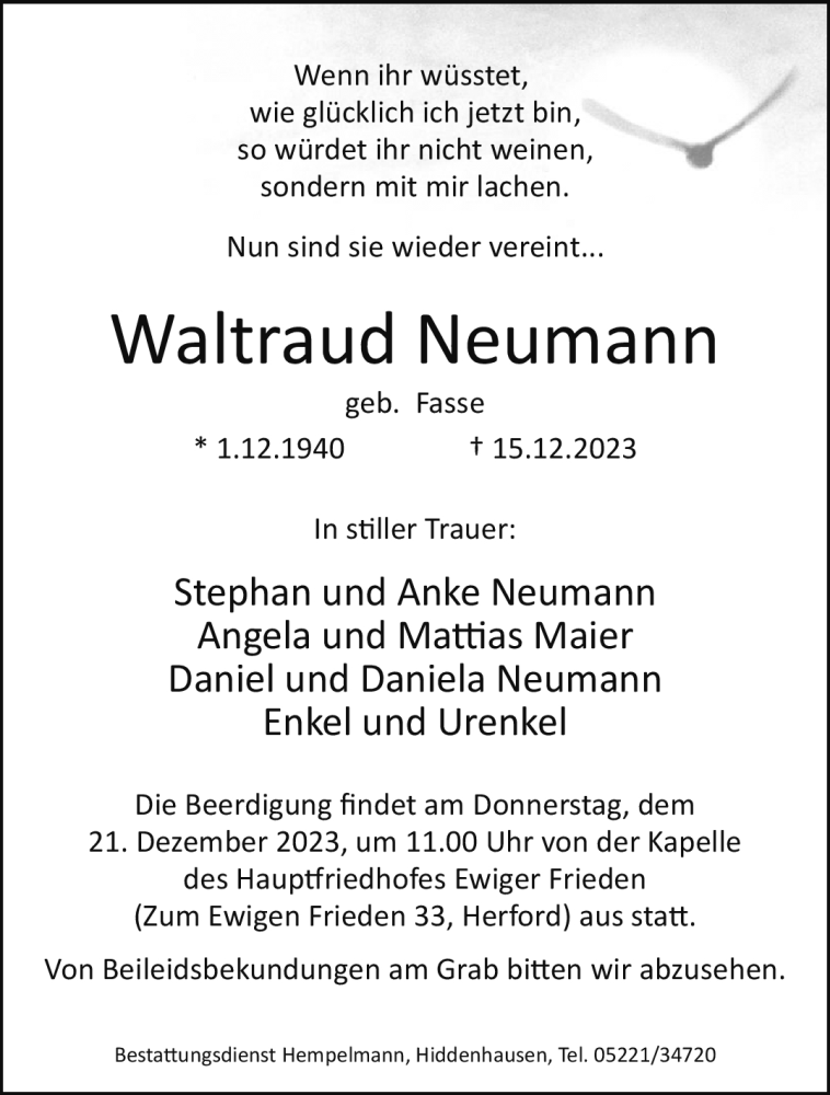  Traueranzeige für Waltraud Neumann vom 19.12.2023 aus Westfalen Blatt