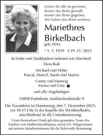 Traueranzeige von Mariethres Birkelbach von Westfalen Blatt