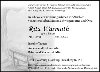 Traueranzeige von Rita Wasmuth von Westfalen Blatt