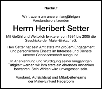 Traueranzeige von Heribert Setter von Westfalen Blatt