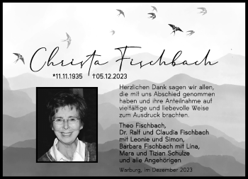 Traueranzeige von Christa Fischbach von Westfalen Blatt