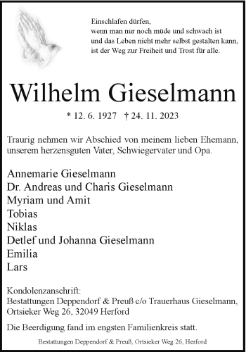 Traueranzeige von Wilhelm Gieselmann von Westfalen Blatt