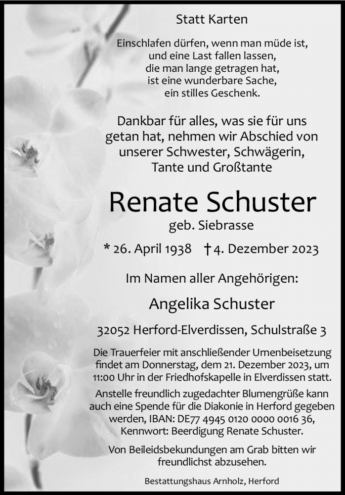  Traueranzeige fÃ¼r Renate Schuster vom 09.12.2023 aus Westfalen Blatt