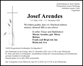 Traueranzeige von Josef Arendes von Westfalen Blatt