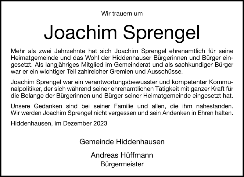 Traueranzeige für Joachim Diethard Sprengel vom 30.12.2023 aus Westfalen Blatt