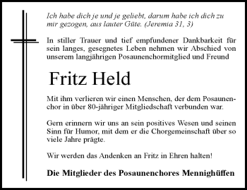 Traueranzeige von Fritz Held von Westfalen Blatt