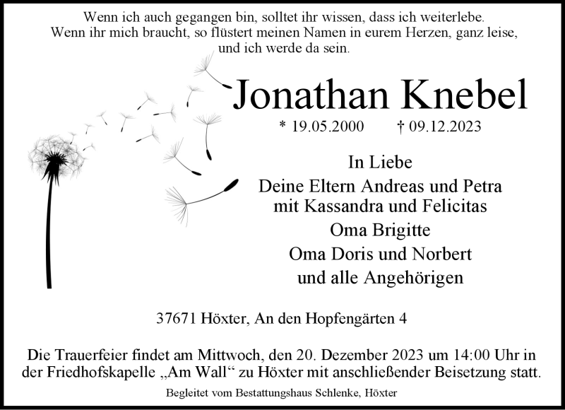  Traueranzeige für Jonathan Knebel vom 16.12.2023 aus Westfalen Blatt