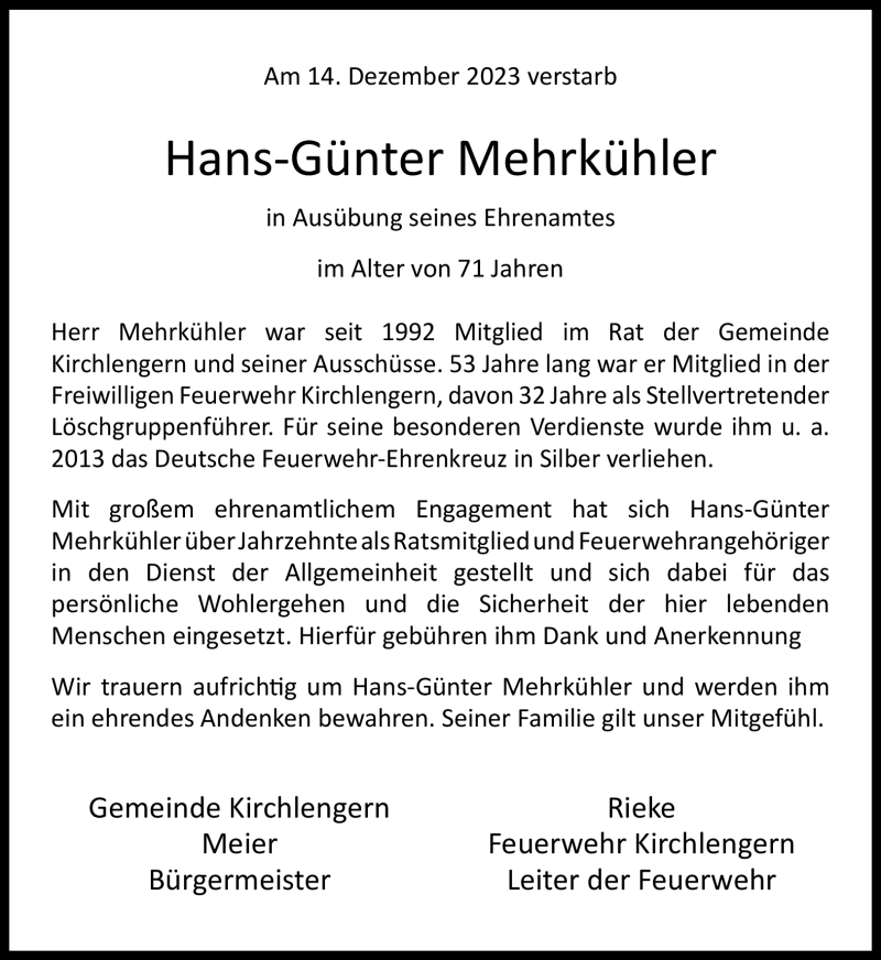  Traueranzeige für Hans-Günter Mehrkühler vom 20.12.2023 aus Westfalen Blatt