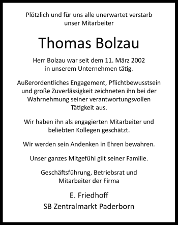 Traueranzeige von Thomas Bolzau von Westfalen Blatt