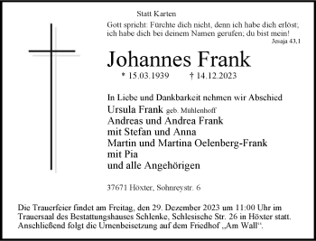 Traueranzeige von Johannes Frank von Westfalen Blatt