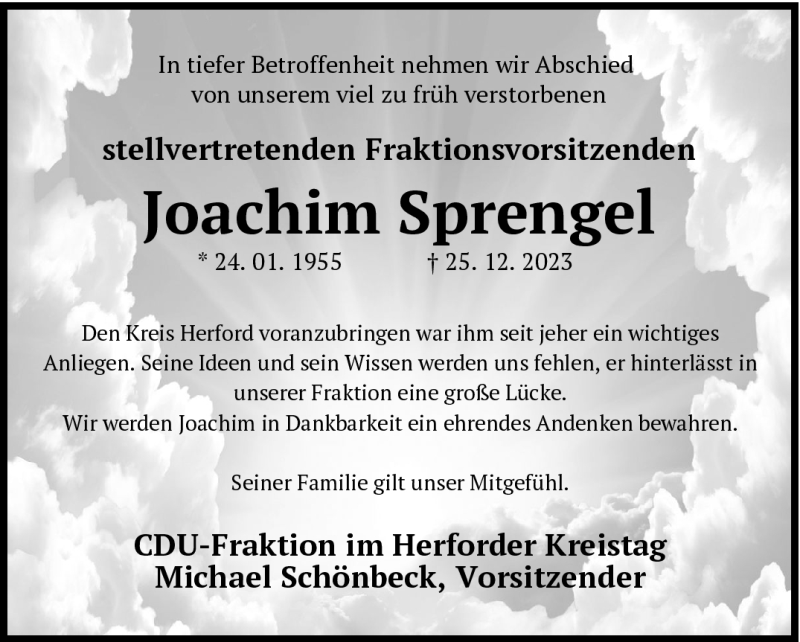  Traueranzeige für Joachim Diethard Sprengel vom 30.12.2023 aus Westfalen Blatt