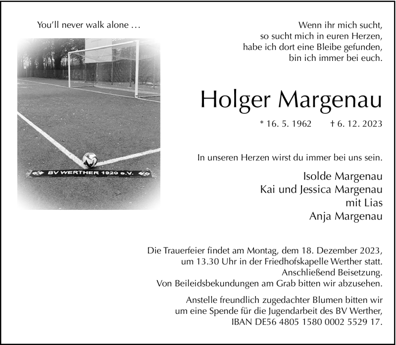  Traueranzeige für Holger Margenau vom 13.12.2023 aus Westfalen Blatt