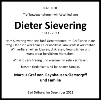 Traueranzeige von Dieter Sievering von Westfalen Blatt