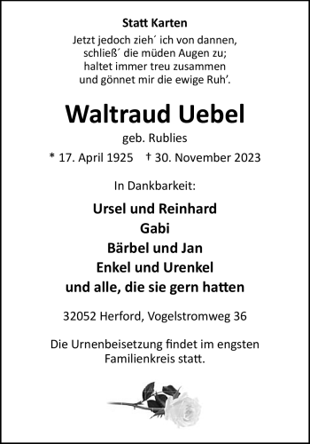 Traueranzeige von Waltraud Uebel von Westfalen Blatt