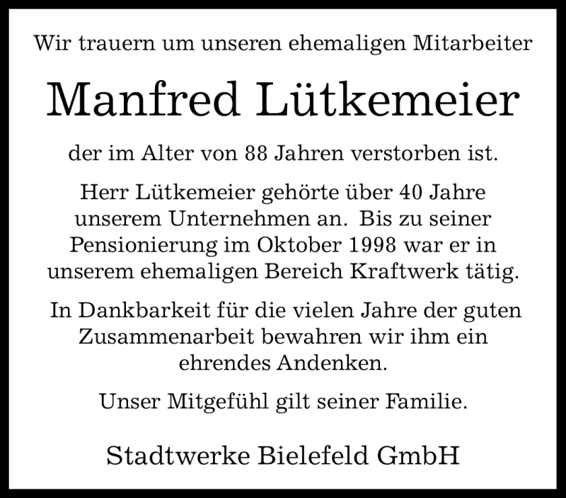  Traueranzeige für Manfred Lütkemeier vom 06.12.2023 aus Westfalen Blatt