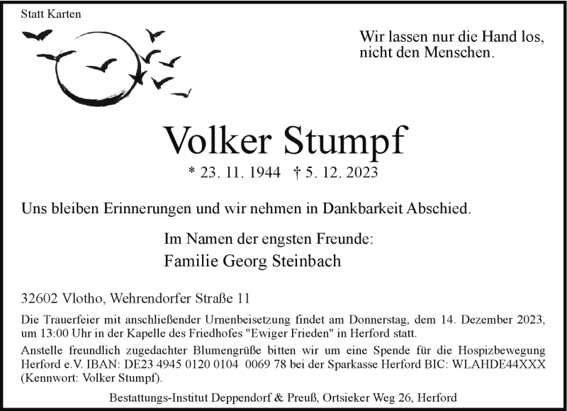  Traueranzeige für Volker Stumpf vom 09.12.2023 aus Westfalen Blatt