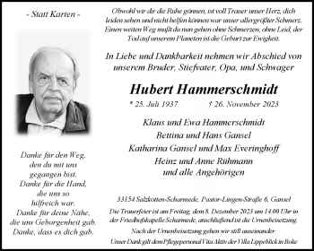 Traueranzeige von Hubert Hammerschmidt von Westfalen Blatt