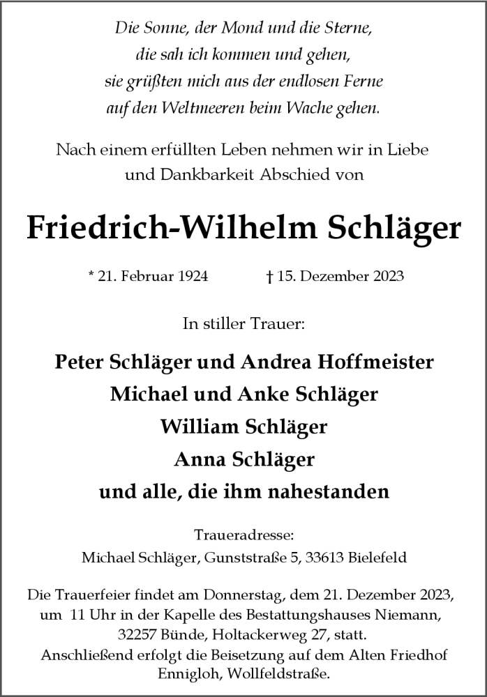  Traueranzeige für Friedrich-Wilhelm Schläger vom 19.12.2023 aus Westfalen Blatt