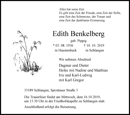 Traueranzeige von Edith Benkelberg 