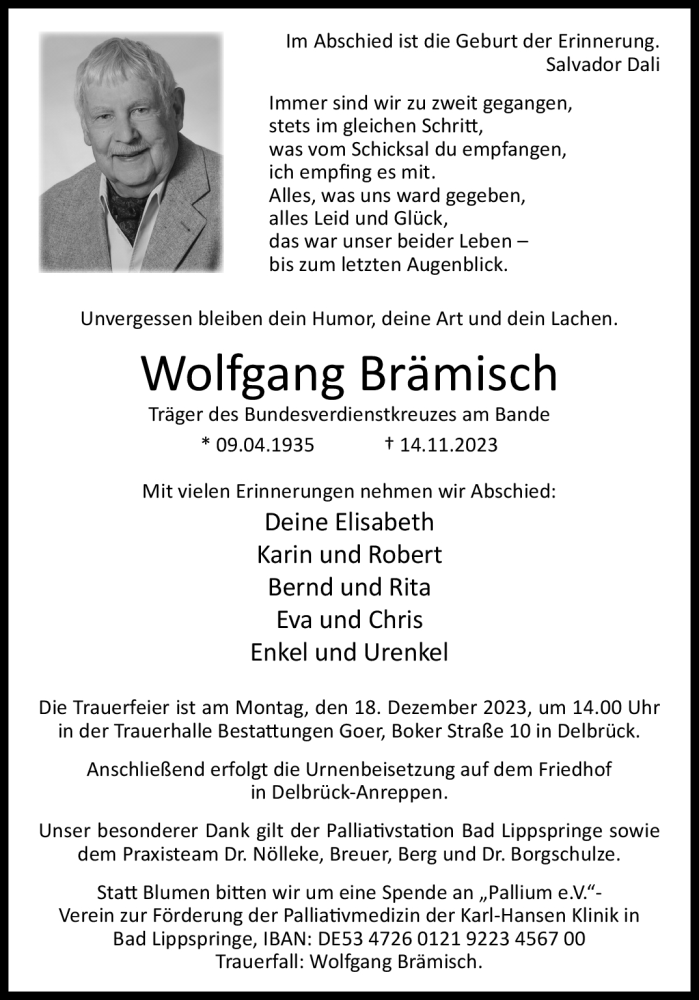  Traueranzeige für Wolfgang Brämisch vom 09.12.2023 aus Westfalen Blatt