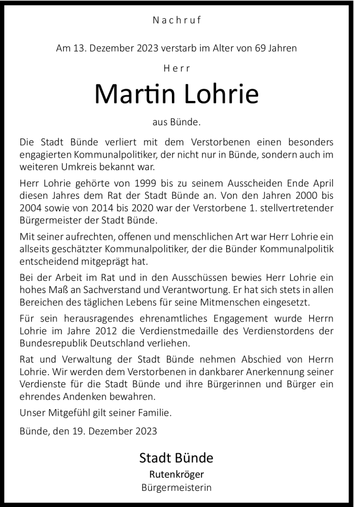  Traueranzeige für Martin Lohrie vom 21.12.2023 aus Westfalen Blatt