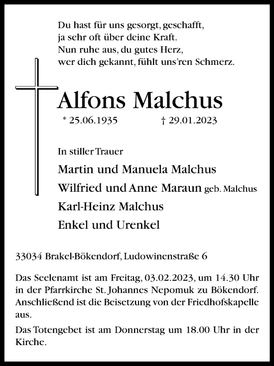 Traueranzeige von Alfons Malchus von Westfalen-Blatt