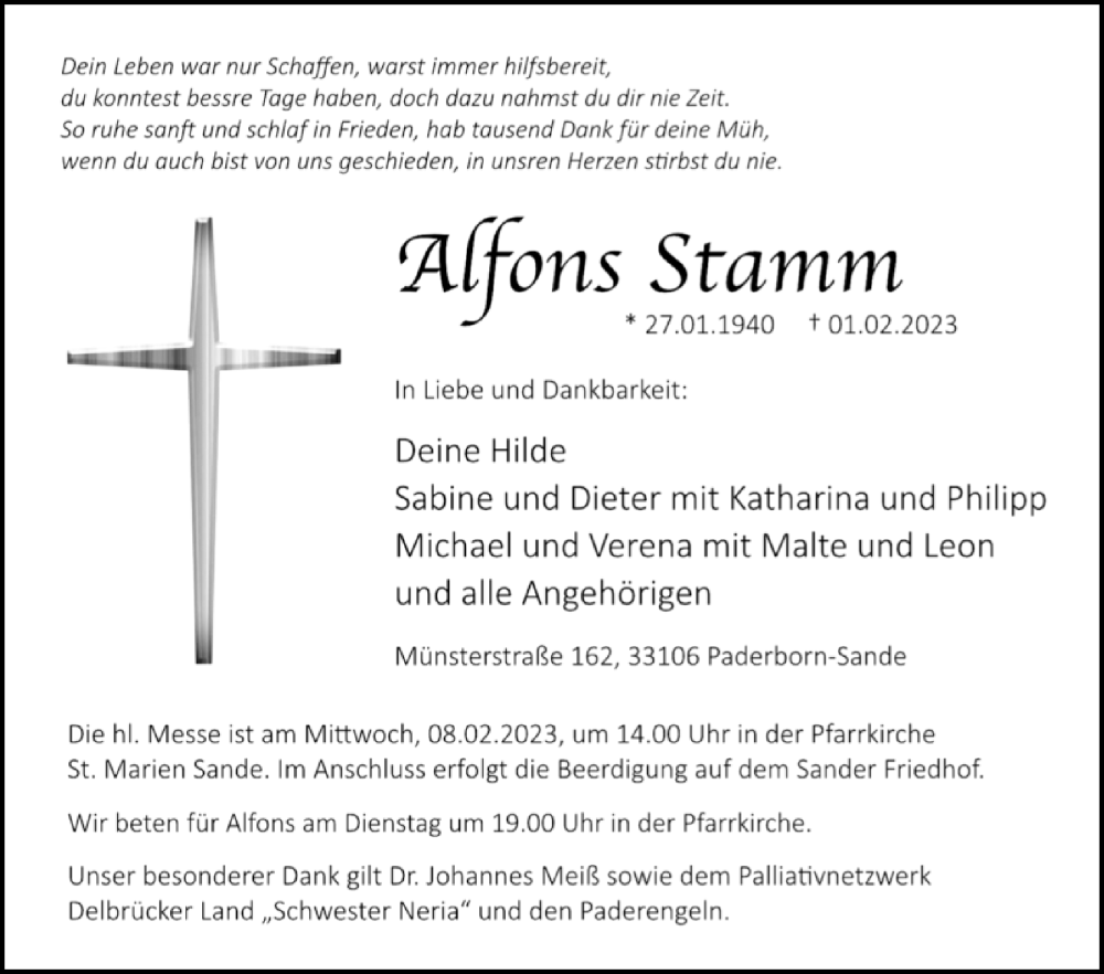  Traueranzeige für Alfons Stamm vom 04.02.2023 aus Westfalen-Blatt