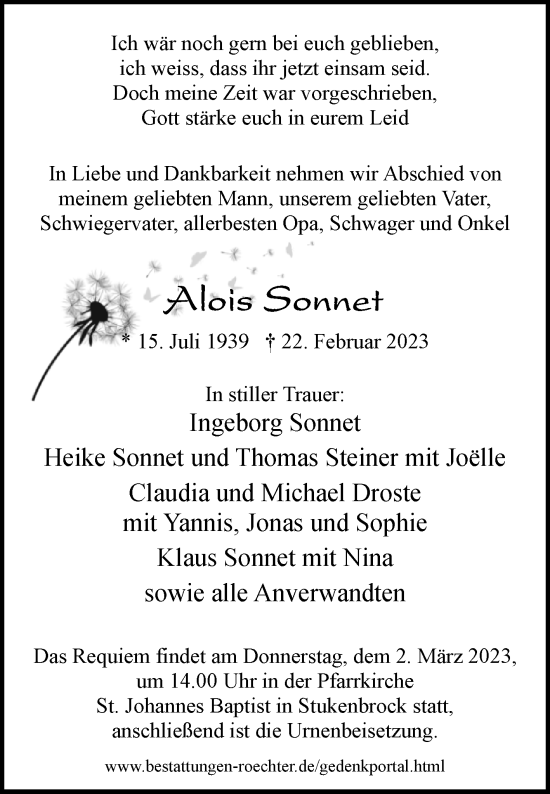 Traueranzeige von Alois Sonnet von Westfalen-Blatt