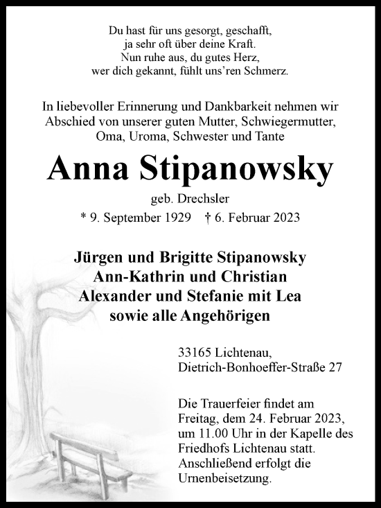 Traueranzeige von Anna Stipanowsky von Westfalen-Blatt