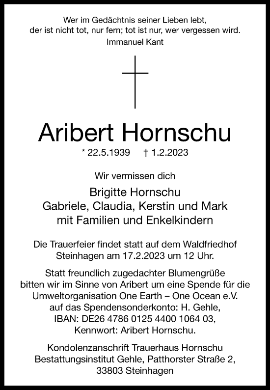 Traueranzeige von Aribert Hornschu von Westfalen-Blatt